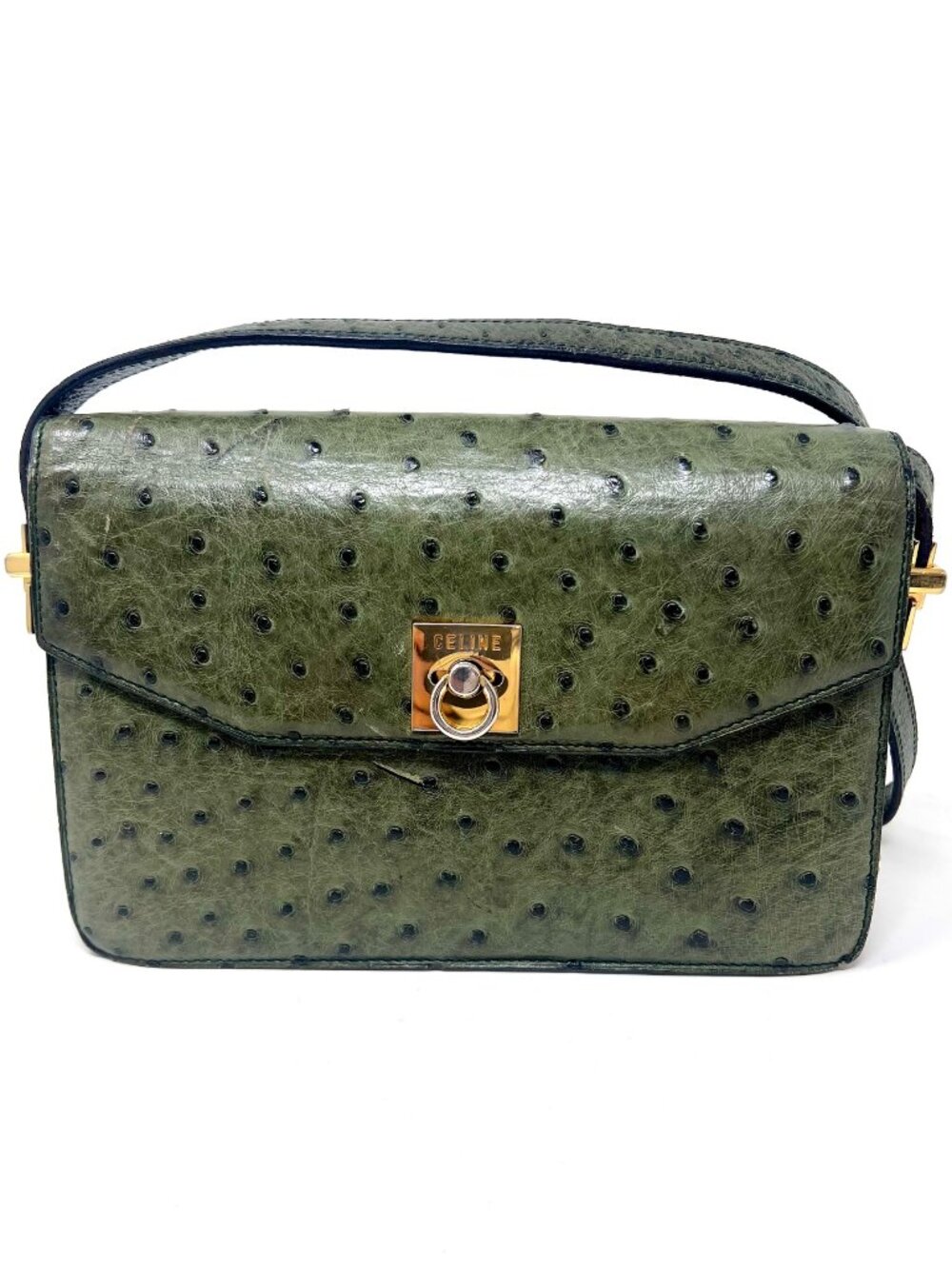 Vintage Celine Olive Green Ostrich Leather Accordion Women's Shoulder Bag